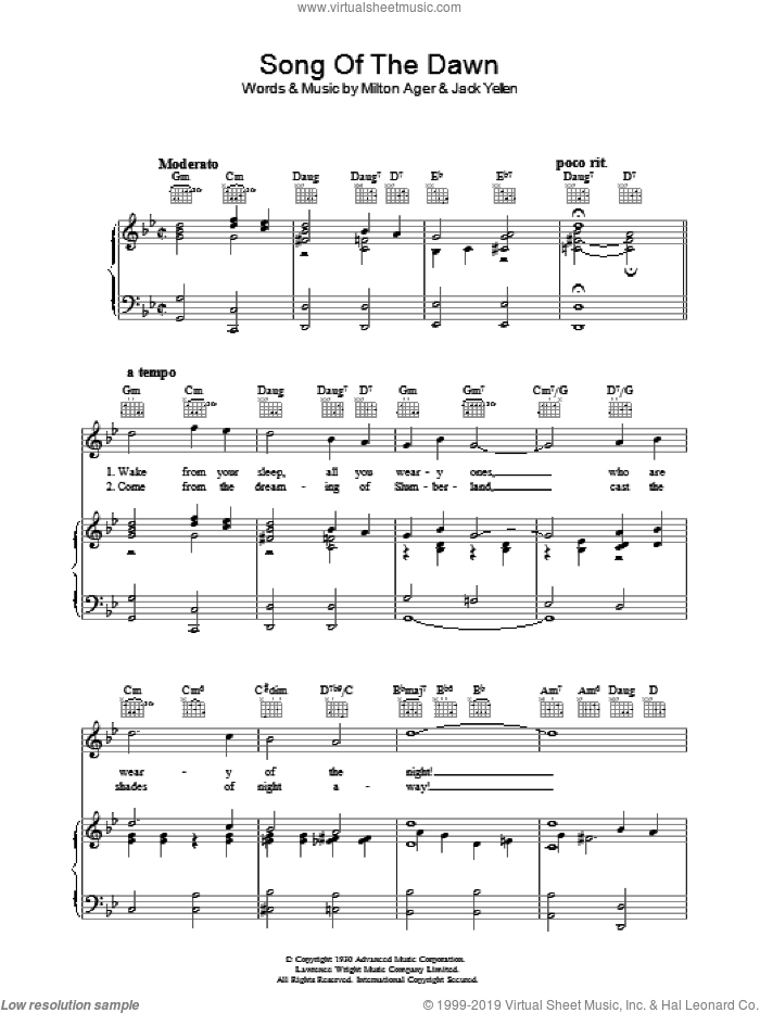 Song Of The Dawn sheet music for voice, piano or guitar by Milton Ager and Jack Yellen, intermediate skill level