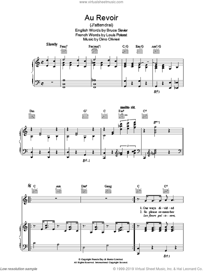 Au Revoir sheet music for voice, piano or guitar by Dino Oliveri, Louis Poterat and R. Bruce Sievier, intermediate skill level