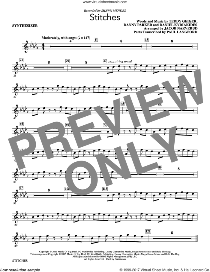Stitches (arr. Jacob Narverud) (complete set of parts) sheet music for orchestra/band by Shawn Mendes, Daniel Kyriakides, Danny Parker, Jacob Narverud and Teddy Geiger, intermediate skill level