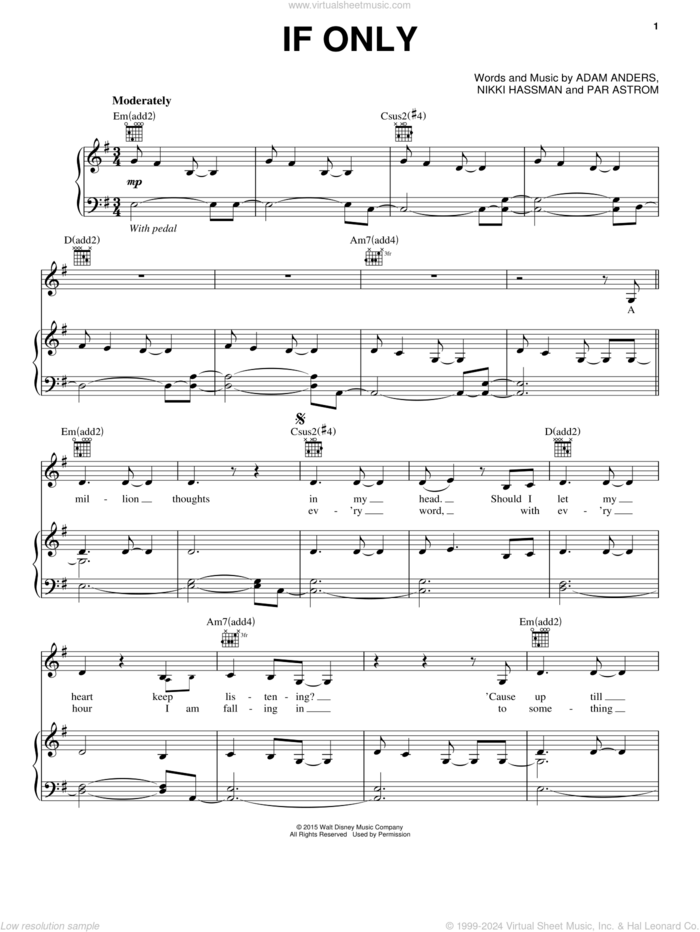 If Only (from Disney's Descendants) sheet music for voice, piano or guitar by Dove Cameron, Adam Anders, Nikki Hassman and Par Astrom, intermediate skill level