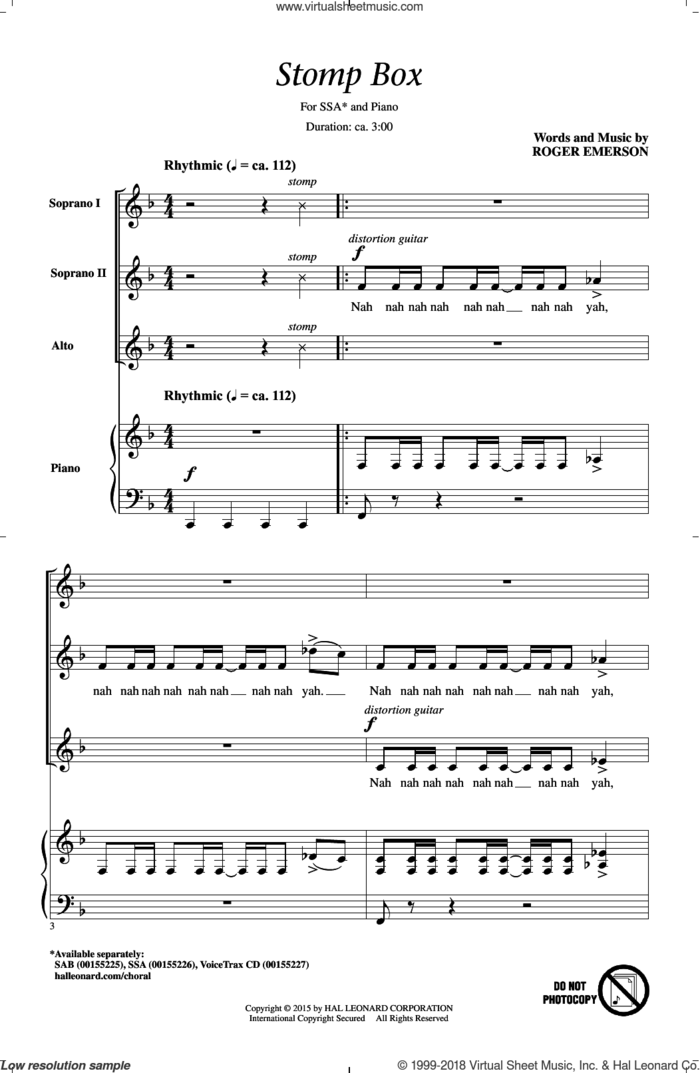 Stomp Box sheet music for choir (SSA: soprano, alto) by Roger Emerson, intermediate skill level