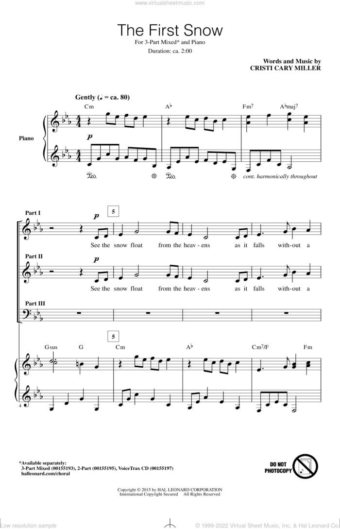 The First Snow sheet music for choir (3-Part Mixed) by Cristi Cary Miller, intermediate skill level