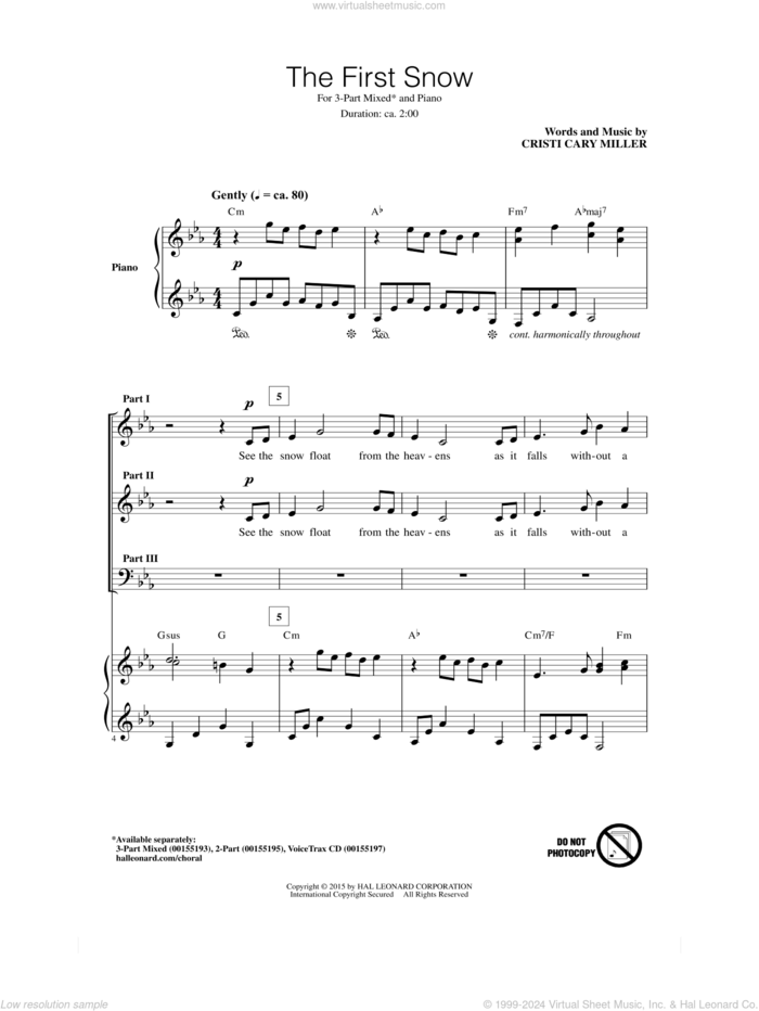 The First Snow sheet music for choir (3-Part Mixed) by Cristi Cary Miller, intermediate skill level