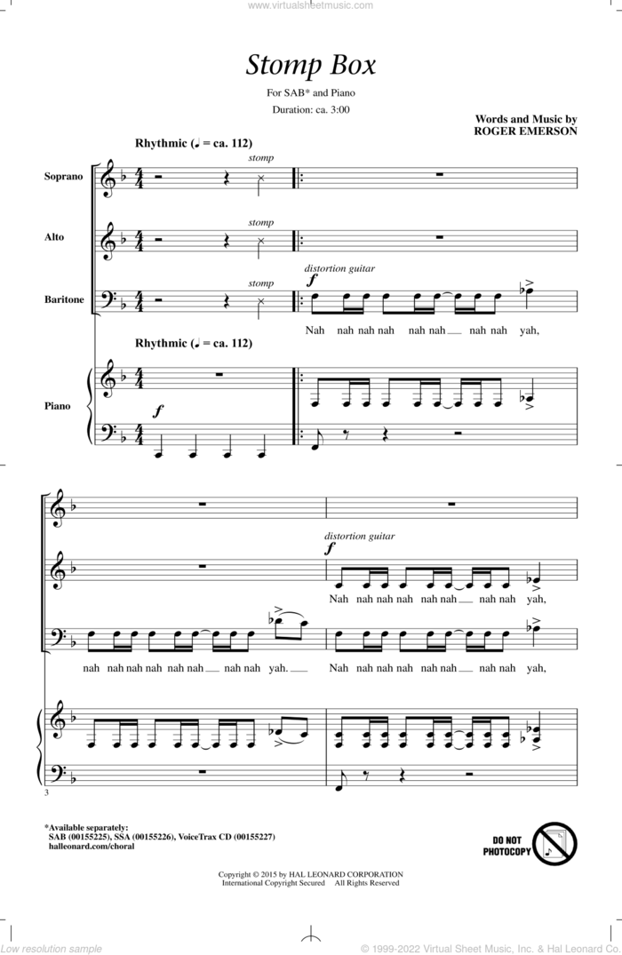 Stomp Box sheet music for choir (SAB: soprano, alto, bass) by Roger Emerson, intermediate skill level