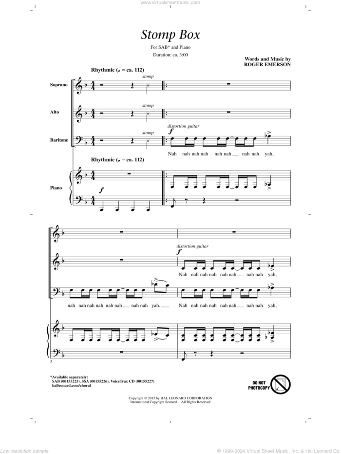 Stomp Box sheet music for choir (SAB: soprano, alto, bass) by Roger Emerson, intermediate skill level