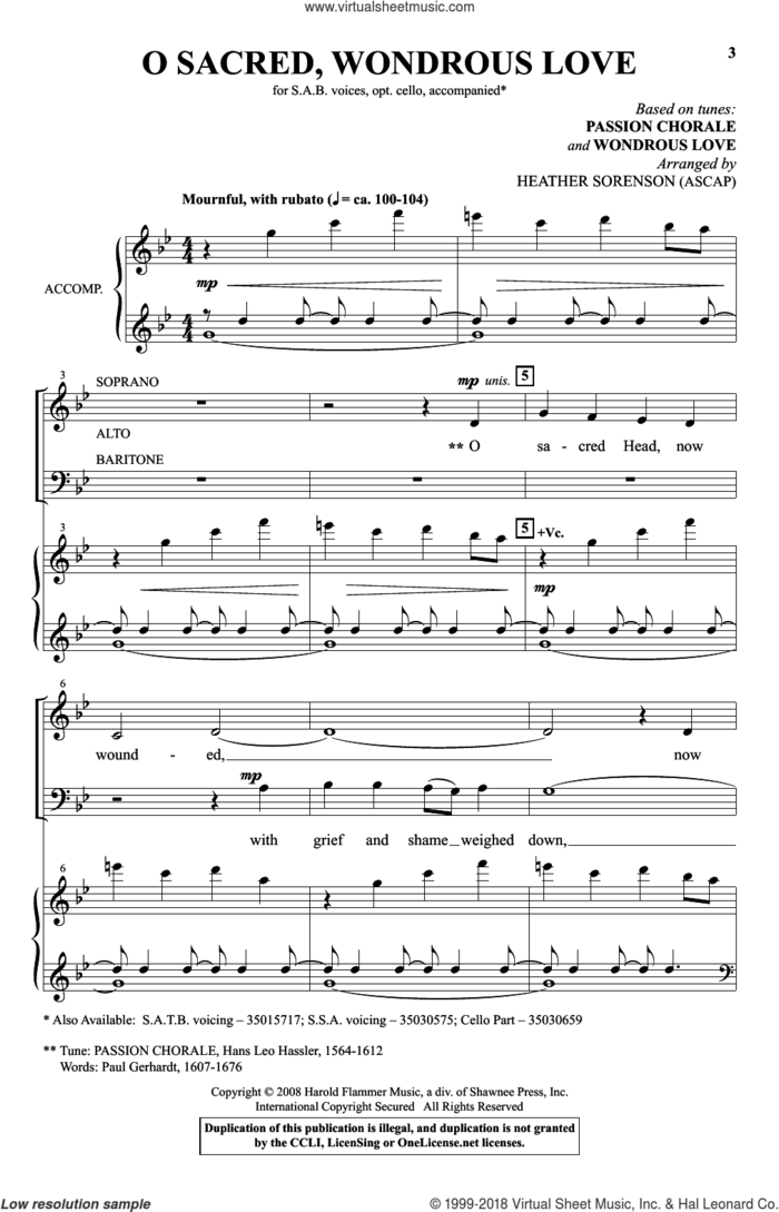 O Sacred, Wondrous Love sheet music for choir (SAB: soprano, alto, bass) by Heather Sorenson, intermediate skill level