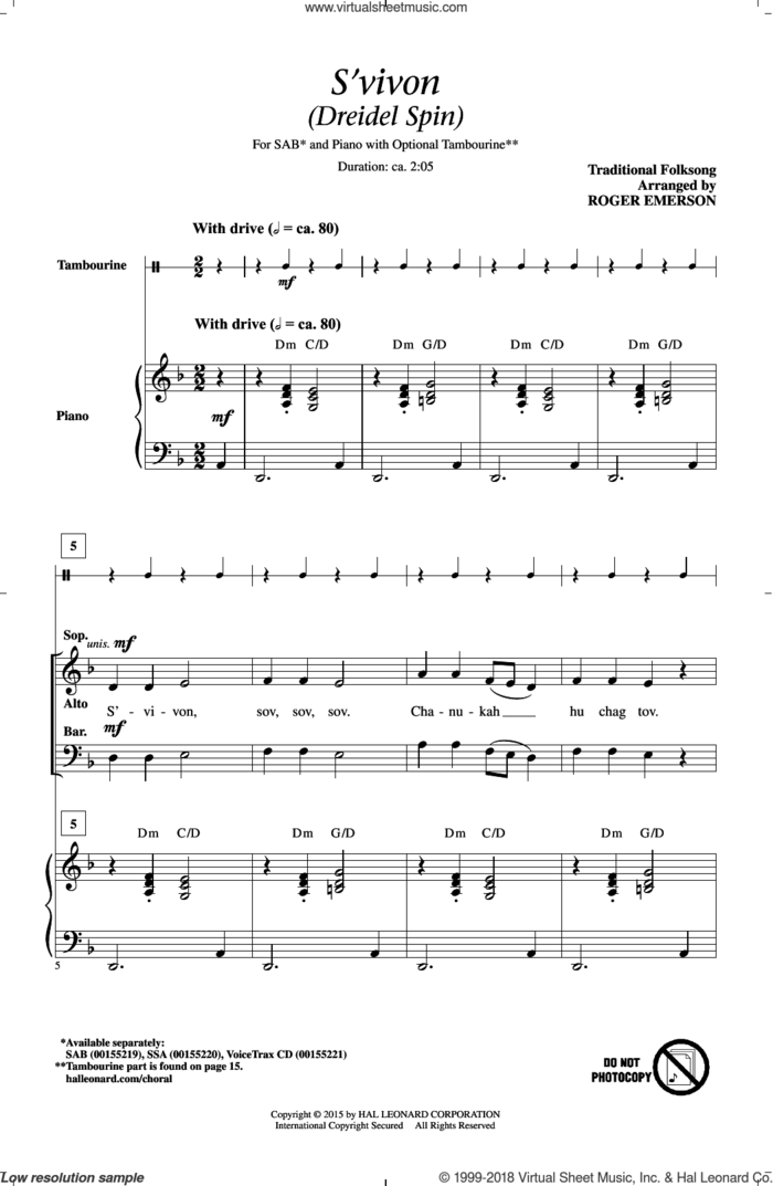 S'vivon sheet music for choir (SAB: soprano, alto, bass) by Roger Emerson, intermediate skill level
