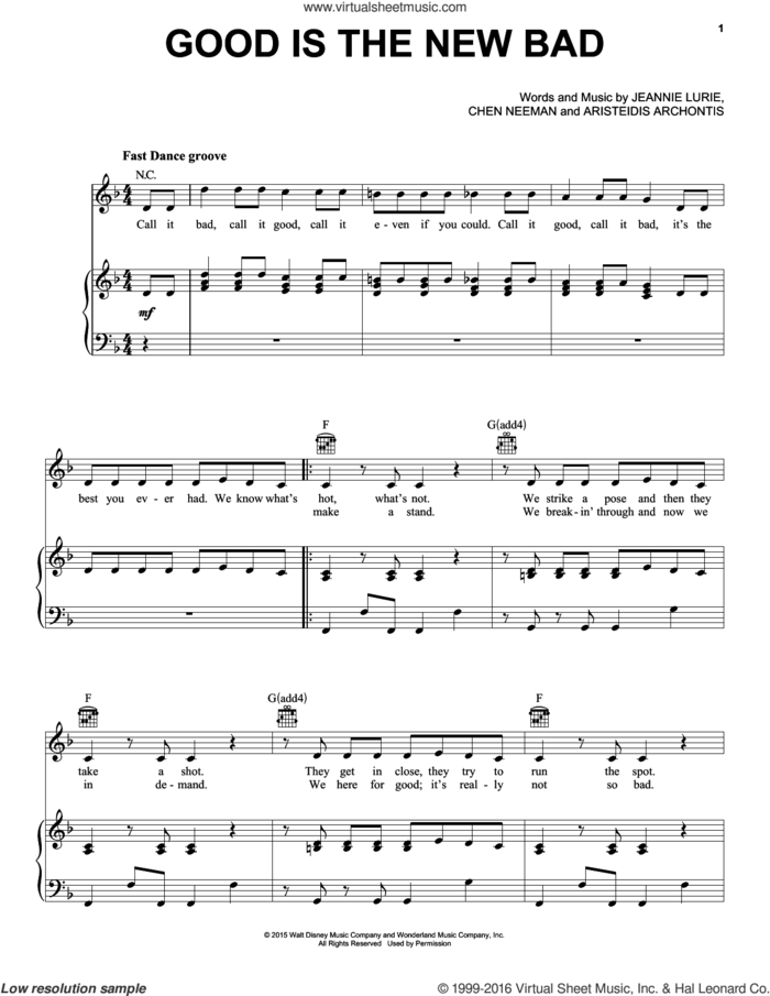 Good Is The New Bad (from Disney's Descendants) sheet music for voice, piano or guitar by Lurie, Neeman, & Archontis, Aristeidis Archontis, Chen Neeman and Jeannie Lurie, intermediate skill level