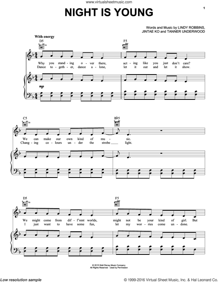 Night Is Young (from Disney's Descendants) sheet music for voice, piano or guitar by China Anne McClain, Jintae Ko, Lindy Robbins and Tanner Underwood, intermediate skill level