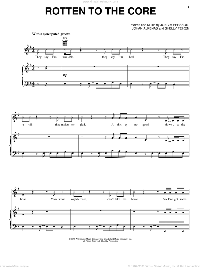 Rotten To The Core (from Disney's Descendants) sheet music for voice, piano or guitar by Dave Cameron, Cameron Boyce, Booboo Stewart, Sofia Carson, Joacim Persson, Johan Alkenas and Shelly Peiken, intermediate skill level