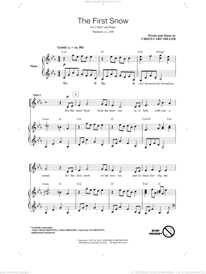 The First Snow sheet music for choir (2-Part) by Cristi Cary Miller, intermediate duet