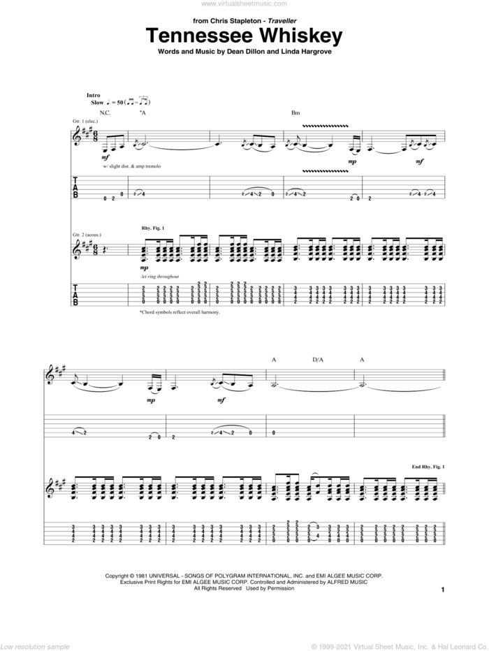 (Smooth As) Tennessee Whiskey sheet music for guitar (tablature) by Chris Stapleton, George Jones, Dean Dillon and Linda Hargrove, intermediate skill level
