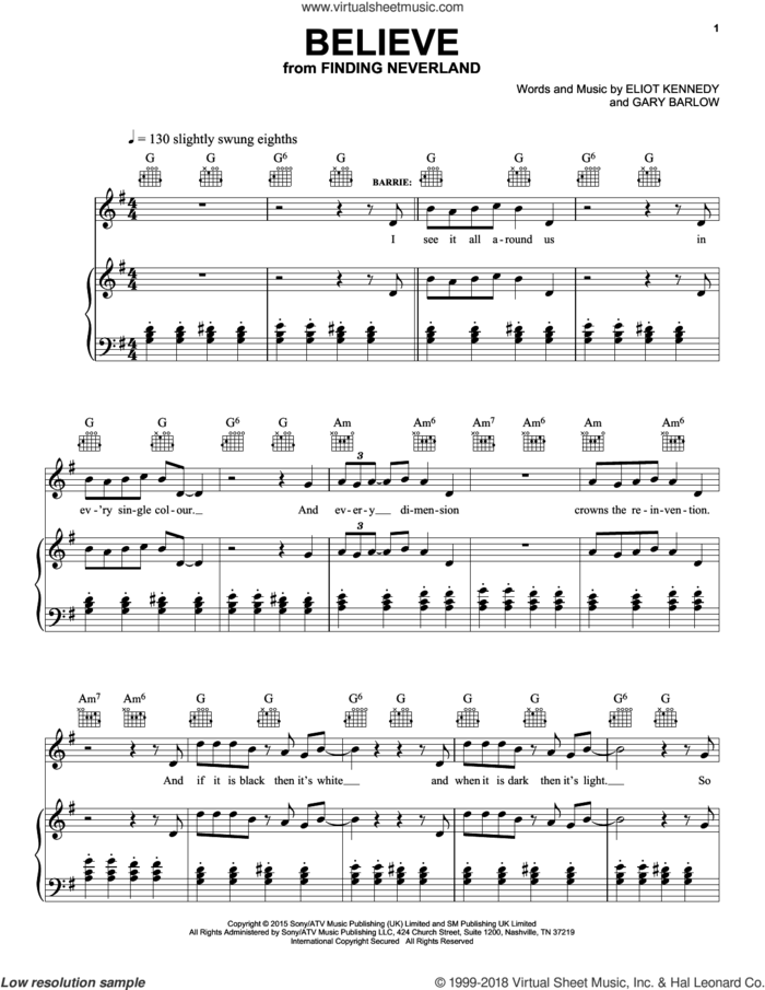 Believe sheet music for voice, piano or guitar by Eliot Kennedy and Gary Barlow, intermediate skill level
