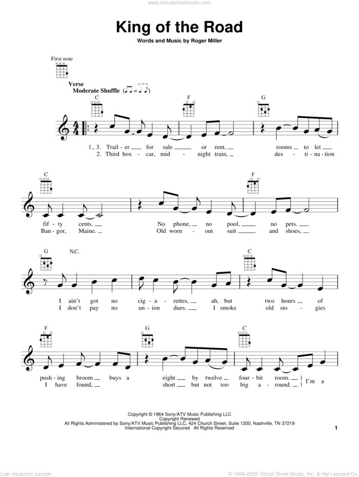 King Of The Road sheet music for ukulele by Roger Miller and Randy Travis, intermediate skill level