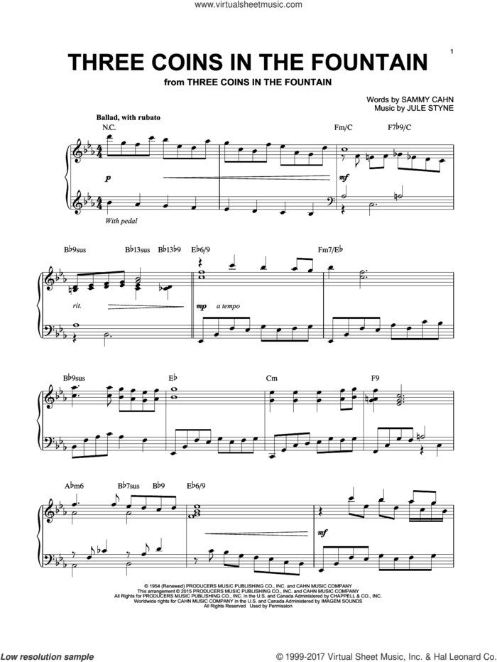 Three Coins In The Fountain [Jazz version] (arr. Brent Edstrom) sheet music for piano solo by The Four Aces, Jule Styne and Sammy Cahn, intermediate skill level