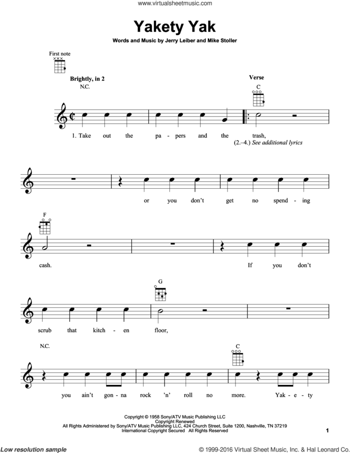 Yakety Yak sheet music for ukulele by The Coasters, Jerry Leiber and Mike Stoller, intermediate skill level