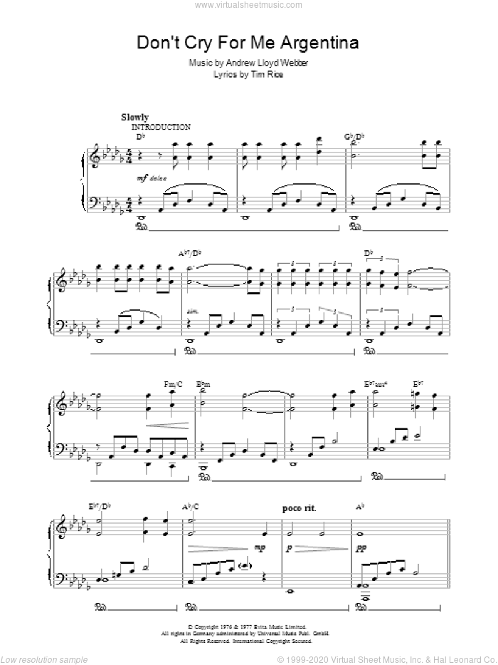 Don't Cry For Me Argentina (from Evita) sheet music for voice, piano or guitar by Andrew Lloyd Webber, Evita (Musical), Madonna and Tim Rice, intermediate skill level