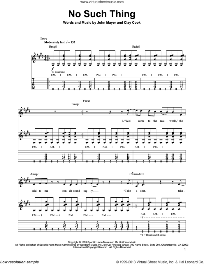 No Such Thing sheet music for guitar (tablature, play-along) by John Mayer and Clay Cook, intermediate skill level