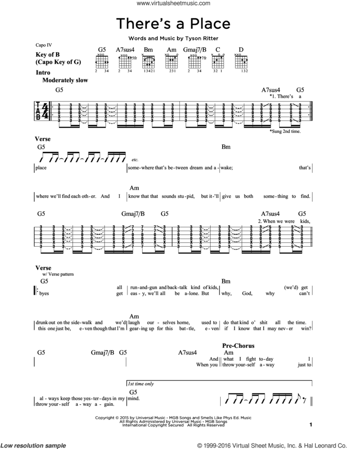 There's A Place sheet music for guitar solo (lead sheet) by The All-American Rejects and Tyson Ritter, intermediate guitar (lead sheet)