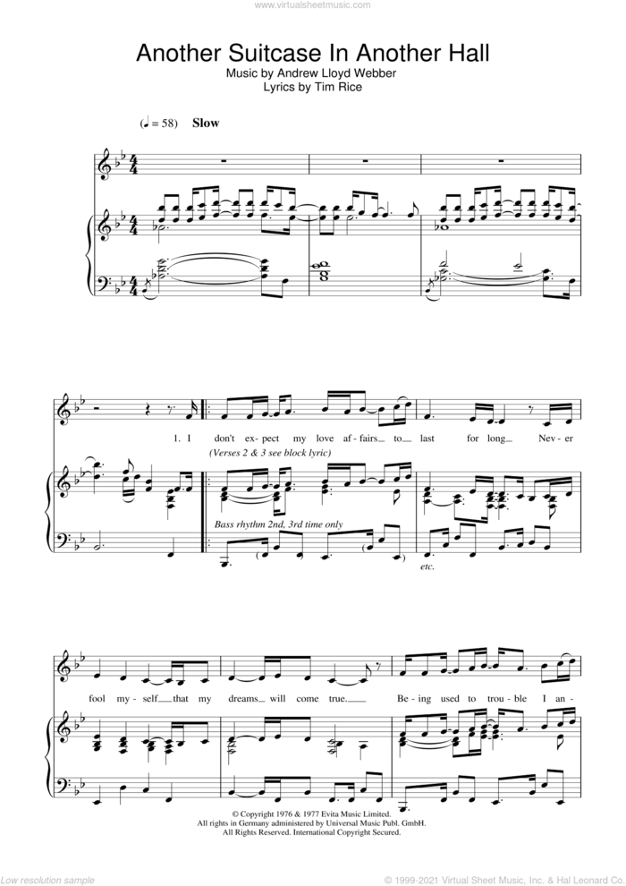 Another Suitcase In Another Hall (from Evita) sheet music for voice and piano by Andrew Lloyd Webber, Evita (Musical), Madonna and Tim Rice, intermediate skill level