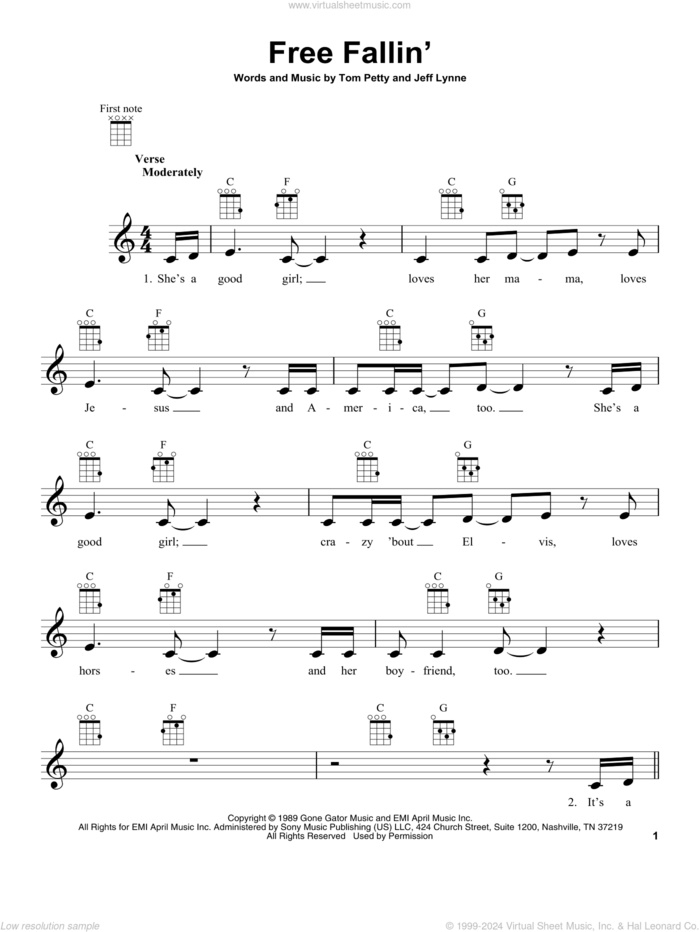 Free Fallin' sheet music for ukulele by Tom Petty, John Mayer and Jeff Lynne, intermediate skill level