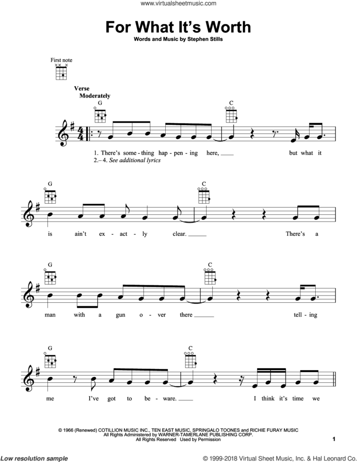 For What It's Worth sheet music for ukulele by Buffalo Springfield and Stephen Stills, intermediate skill level