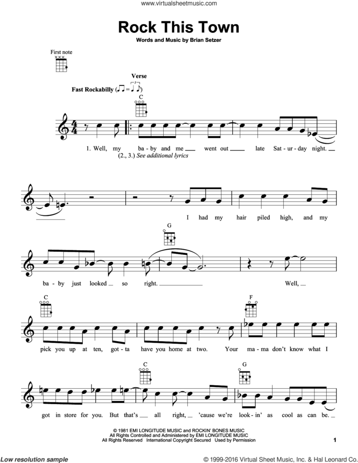 Rock This Town sheet music for ukulele by Stray Cats and Brian Setzer, intermediate skill level