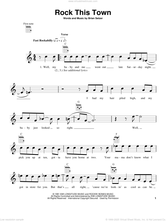 Rock This Town sheet music for ukulele by Stray Cats and Brian Setzer, intermediate skill level