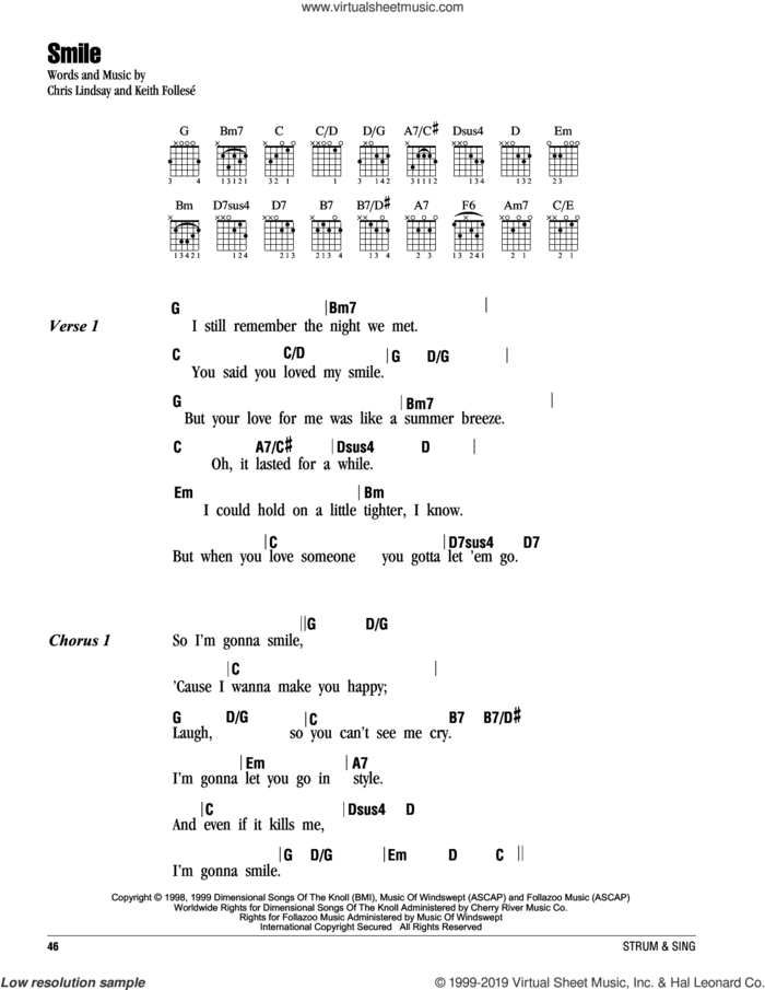 Smile sheet music for guitar (chords) by Lonestar, Chris Lindsey and Keith Follese, intermediate skill level