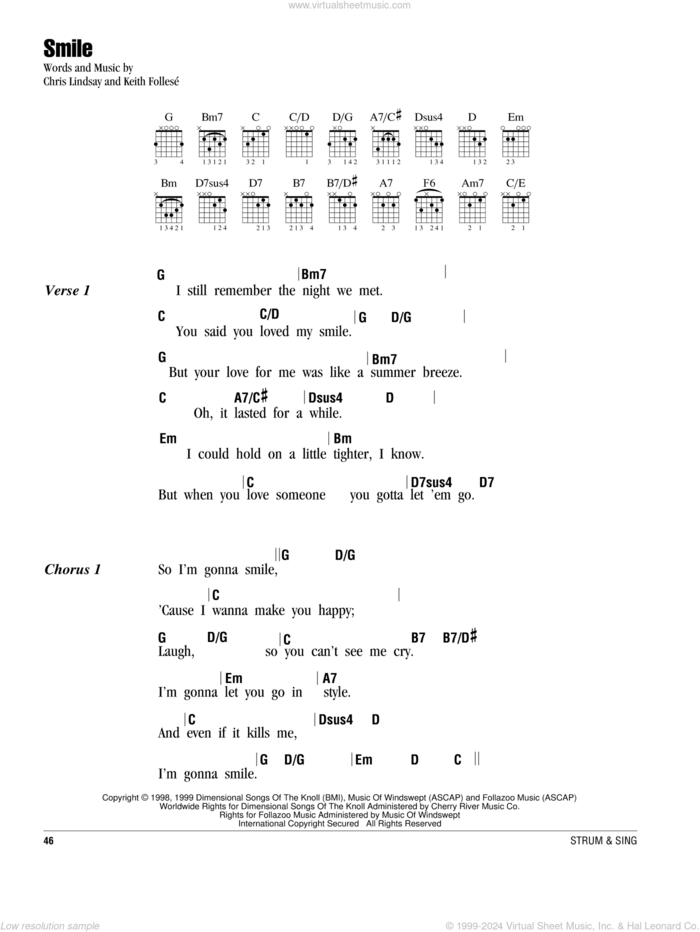 Smile sheet music for guitar (chords) by Lonestar, Chris Lindsey and Keith Follese, intermediate skill level