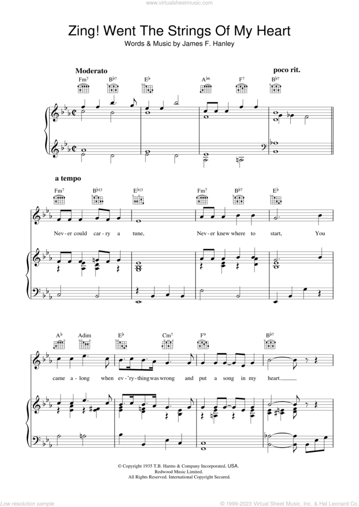 Zing! Went The Strings Of My Heart sheet music for voice, piano or guitar by James Hanley, intermediate skill level