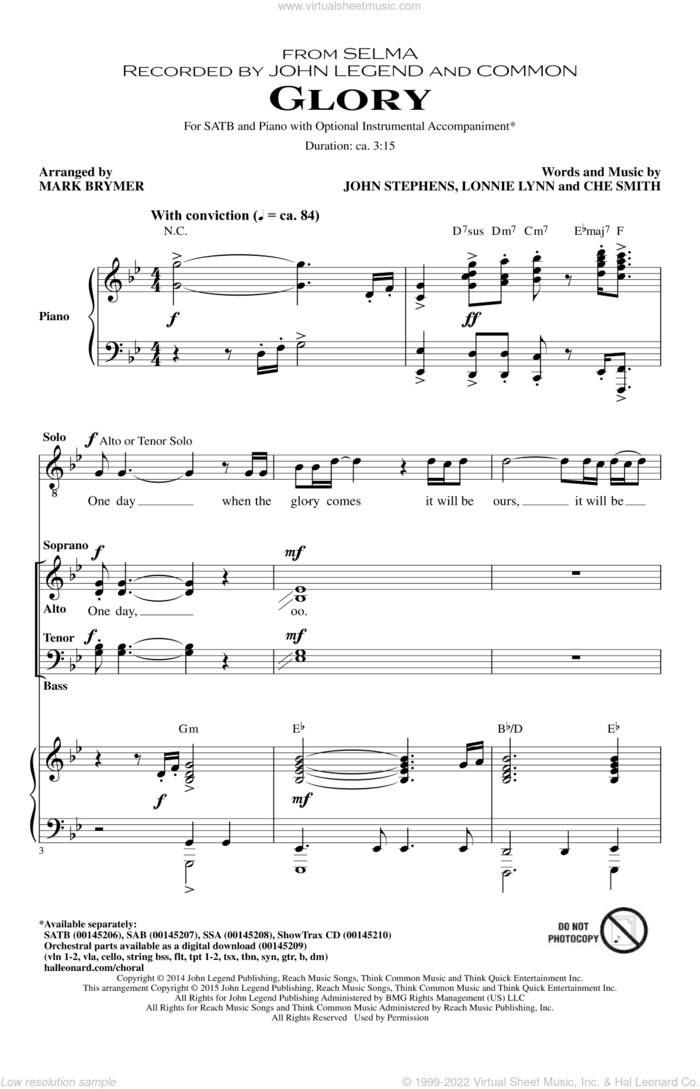 Glory sheet music for choir (SATB: soprano, alto, tenor, bass) by Mark Brymer, Common, Common & John Legend, John Legend, Che Smith, John Stephens and Lonnie Lynn, intermediate skill level