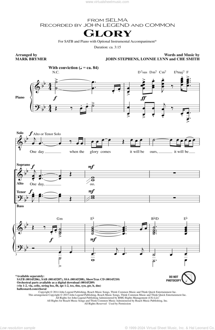 Glory sheet music for choir (SATB: soprano, alto, tenor, bass) by Mark Brymer, Common, Common & John Legend, John Legend, Che Smith, John Stephens and Lonnie Lynn, intermediate skill level