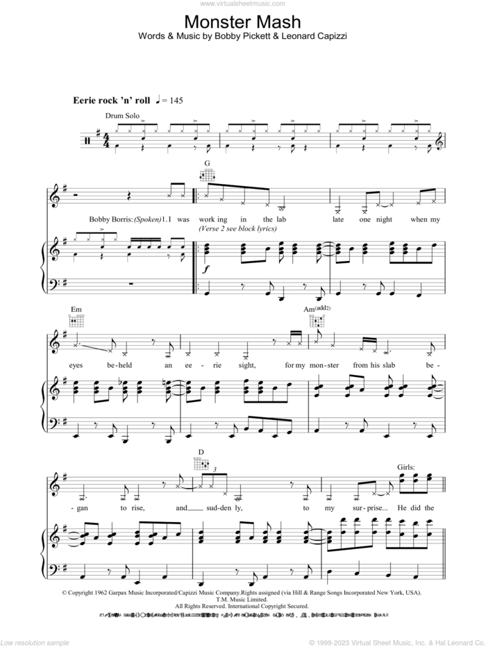Monster Mash sheet music for voice, piano or guitar by Bobby Pickett and Leonard Capizzi, intermediate skill level