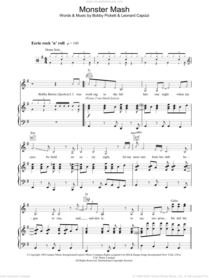 Monster Mash sheet music for voice, piano or guitar by Bobby Pickett and Leonard Capizzi, intermediate skill level