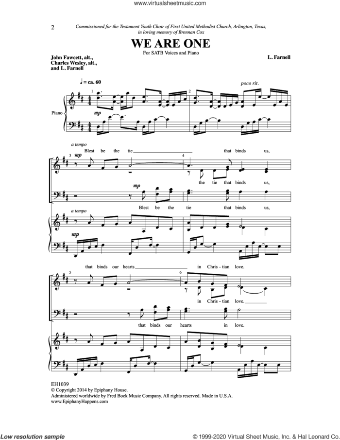 We Are One sheet music for choir (SATB: soprano, alto, tenor, bass) by Laura Farnell and John Fawcett/ Charles Wesley, intermediate skill level