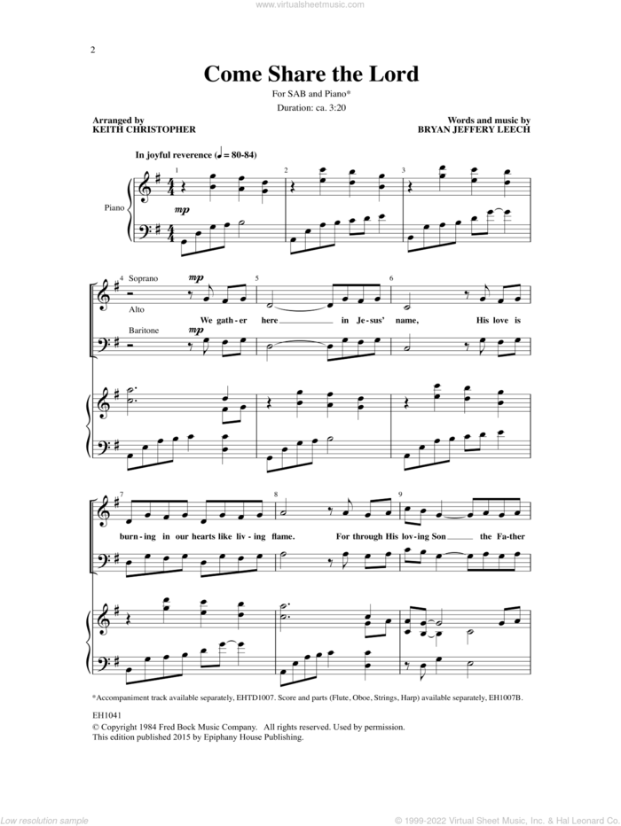 Come Share the Lord sheet music for choir (SAB: soprano, alto, bass) by Bryan Jeffery Leech and Keith Christopher, intermediate skill level