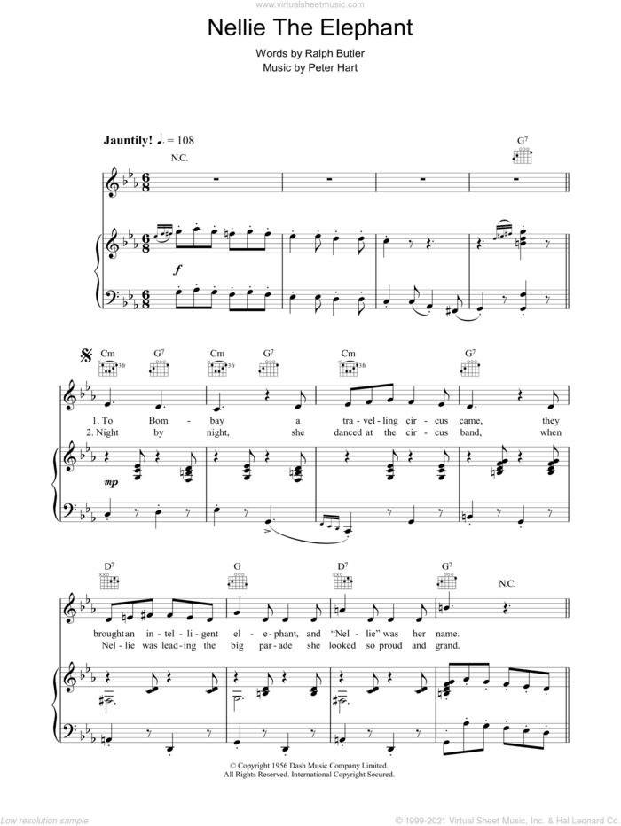 Nellie The Elephant sheet music for voice, piano or guitar by Ralph Butler and Peter Hart, intermediate skill level