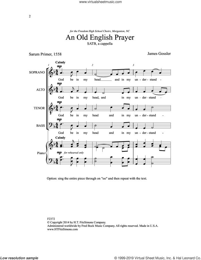 An Old English Prayer sheet music for choir (SATB: soprano, alto, tenor, bass) by James Gossler and Sarum Primer, intermediate skill level