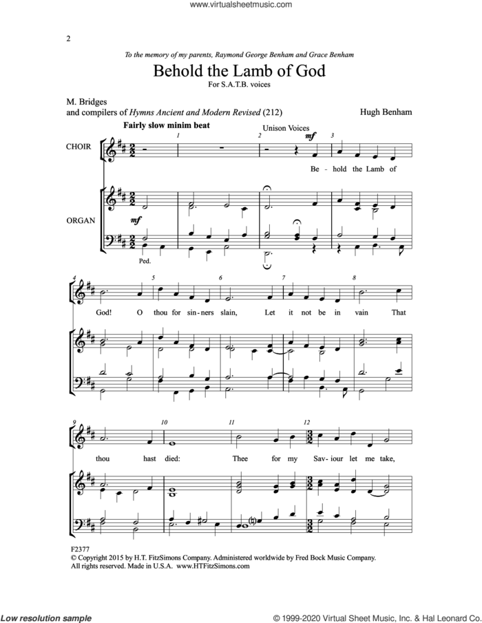 Behold the Lamb of God sheet music for choir (SATB: soprano, alto, tenor, bass) by Hugh Benham, intermediate skill level
