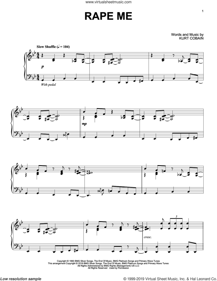 Rape Me [Jazz version] sheet music for piano solo by Nirvana and Kurt Cobain, intermediate skill level