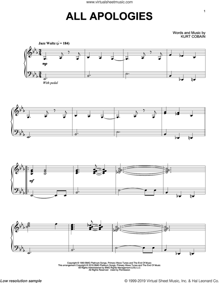 All Apologies [Jazz version] sheet music for piano solo by Nirvana and Kurt Cobain, intermediate skill level