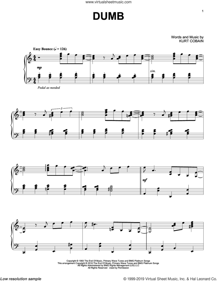 Dumb [Jazz version] sheet music for piano solo by Nirvana and Kurt Cobain, intermediate skill level