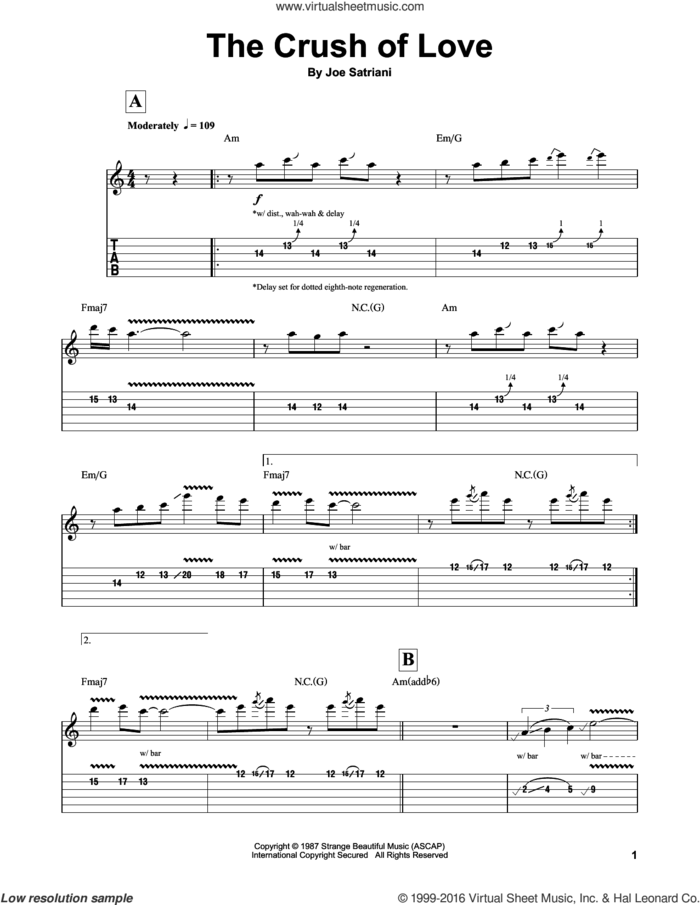 The Crush Of Love sheet music for guitar (tablature, play-along) by Joe Satriani, intermediate skill level