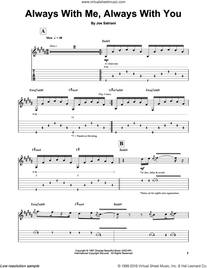 Always With Me, Always With You sheet music for guitar (tablature, play-along) by Joe Satriani, intermediate skill level