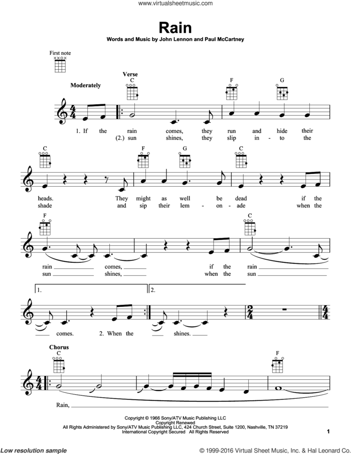 Rain sheet music for ukulele by The Beatles, John Lennon and Paul McCartney, intermediate skill level