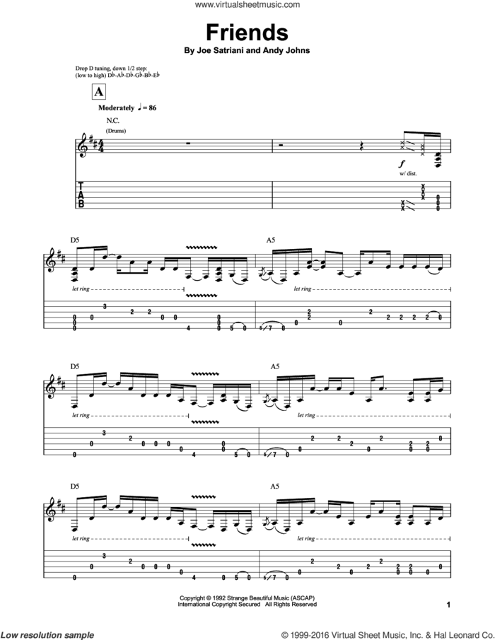 Friends sheet music for guitar (tablature, play-along) by Joe Satriani and Andy Johns, intermediate skill level