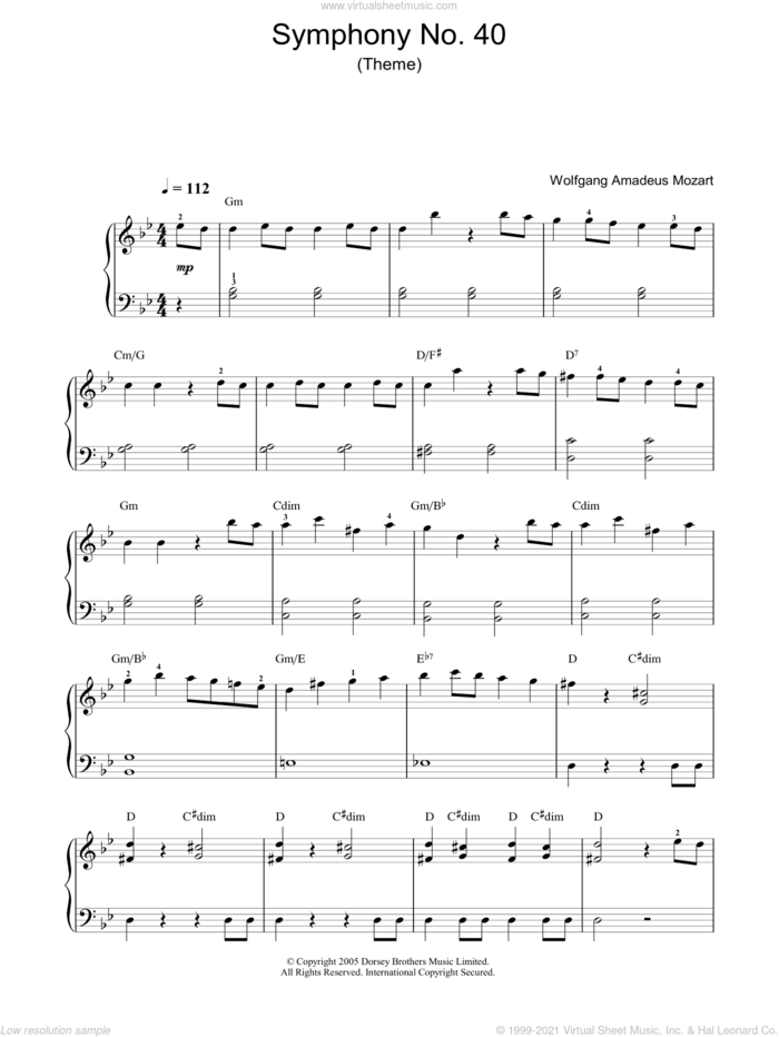 Symphony No. 40 (Theme) sheet music for voice, piano or guitar by Wolfgang Amadeus Mozart, classical score, intermediate skill level