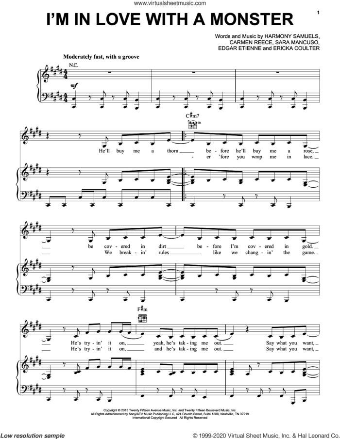 I'm In Love With A Monster sheet music for voice, piano or guitar by Fifth Harmony, Carmen Reece, Edgar Etienne, Ericka Coulter, Harmony Samuels and Sara Mancuso, intermediate skill level
