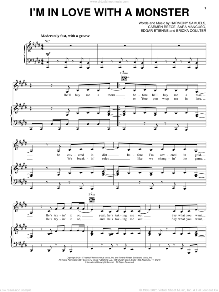 I'm In Love With A Monster sheet music for voice, piano or guitar by Fifth Harmony, Carmen Reece, Edgar Etienne, Ericka Coulter, Harmony Samuels and Sara Mancuso, intermediate skill level